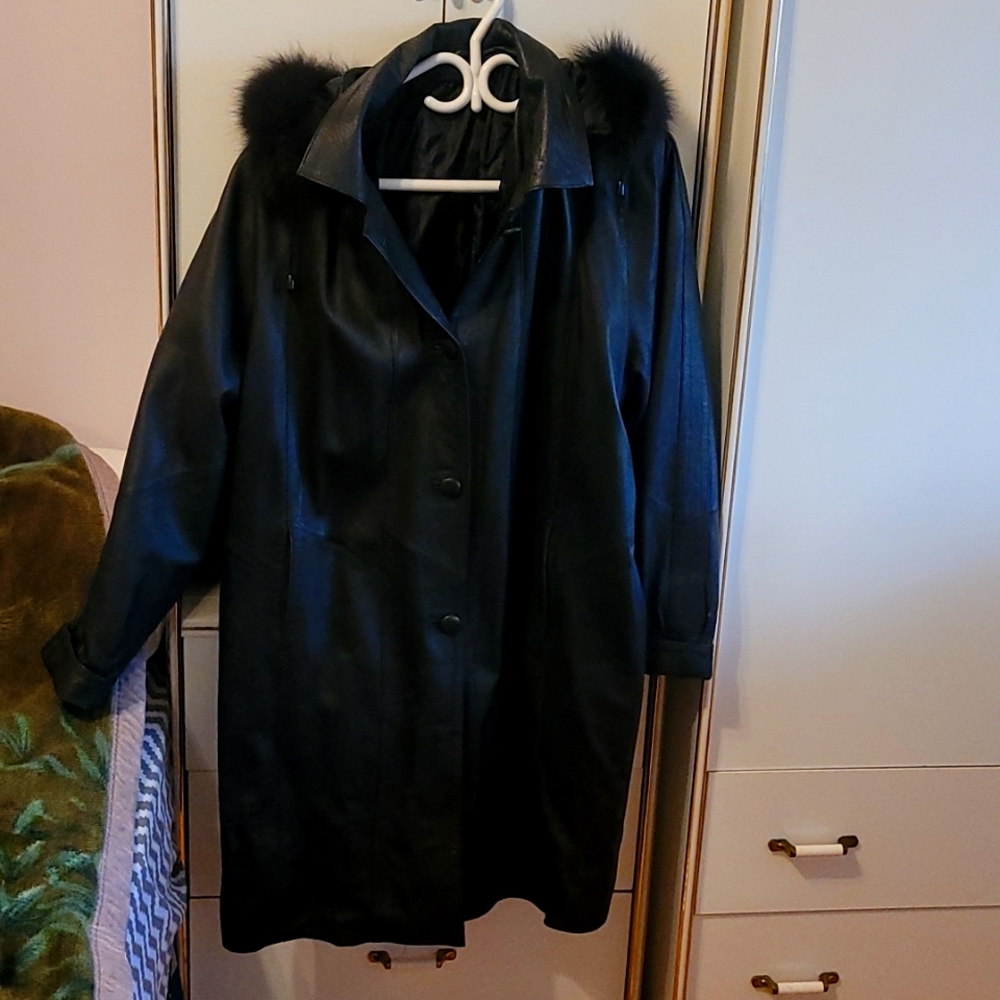 Plus size genuine leather knee length coat